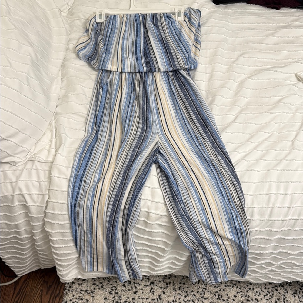 Blue and Cream Strapless Jumpsuit with Ruffled Overlay